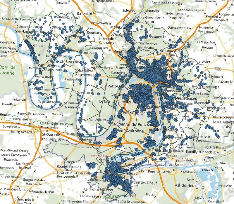Représentation cartographique des bâtiments de type construction des années 1920-1930 sur la Métropole Rouen Normandie